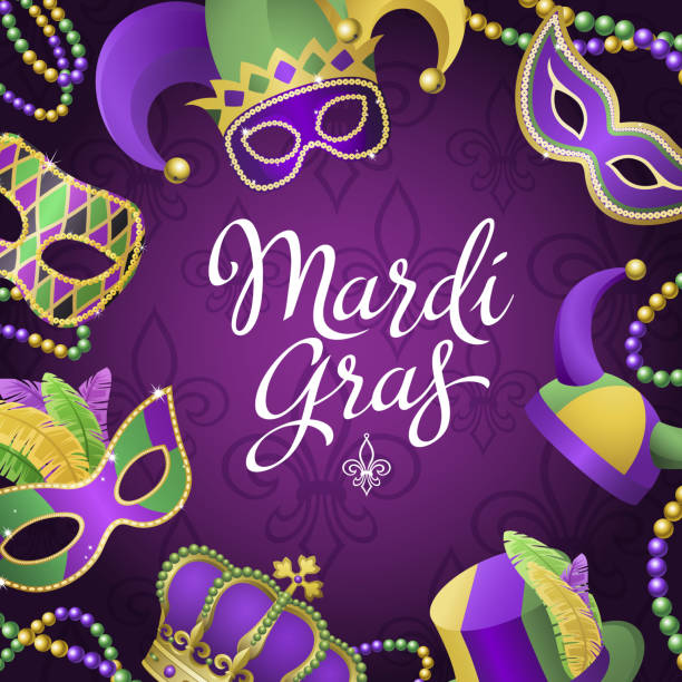 illustrazioni stock, clip art, cartoni animati e icone di tendenza di maschere per feste del martedì grasso e cappelli - mardi gras mask bead fleur de lys