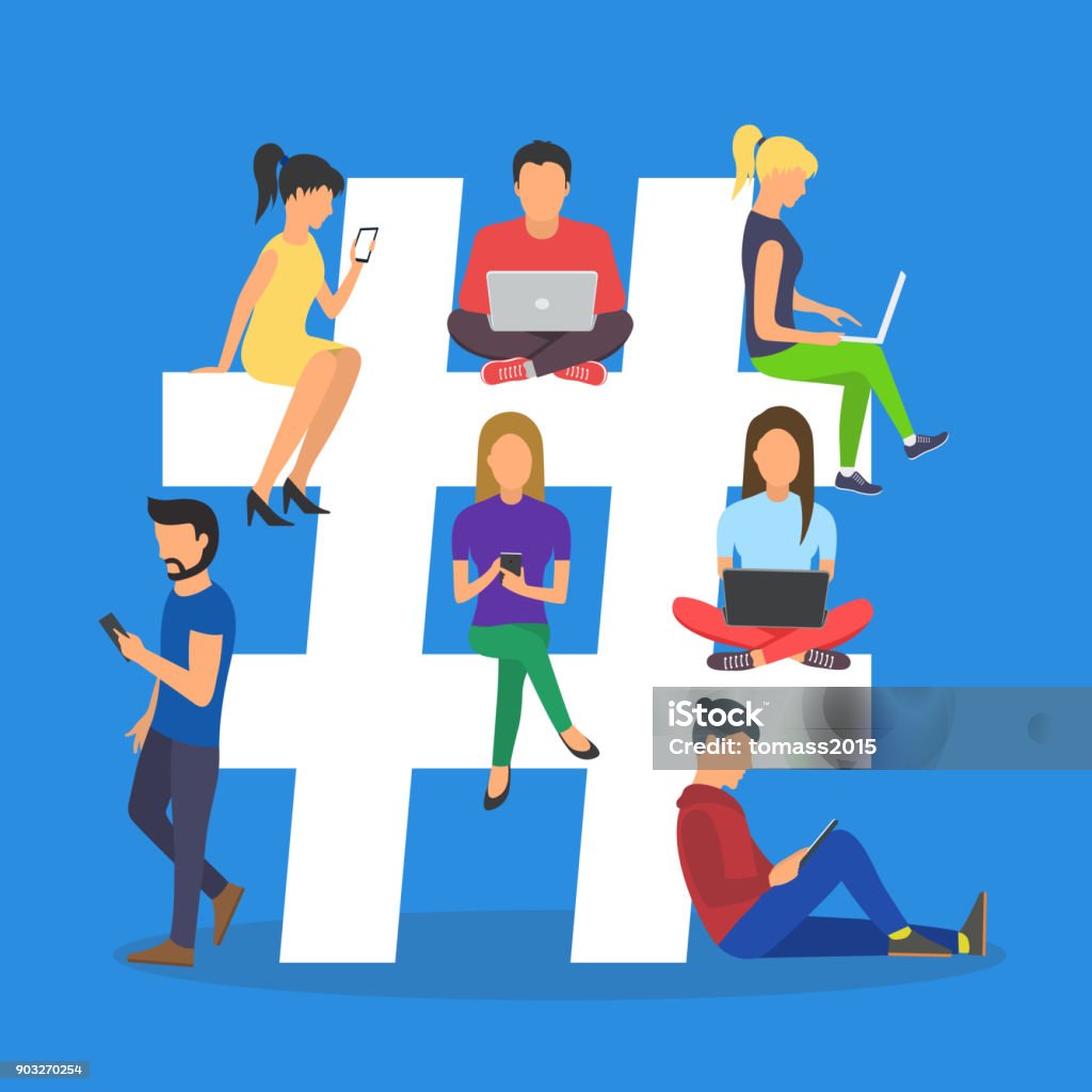 Concept illustration of young people using mobile tablet . Concept illustration of young people using mobile tablet and smartphone for sending posts and sharing them in social media. Symbol with guys and women follow the trend Hashtag stock vector