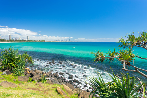 Burleigh Heads beach on Queensland's Gold Coast in Australia on a clear blue water day.