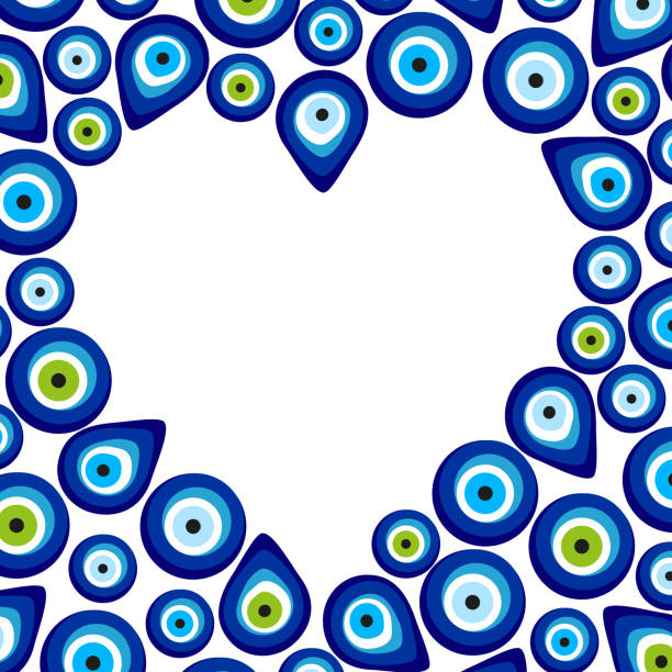 ilustrações, clipart, desenhos animados e ícones de mau-olhado cartão de fundo vector com forma de coração. fundo do grânulo turca. - evil eye beads