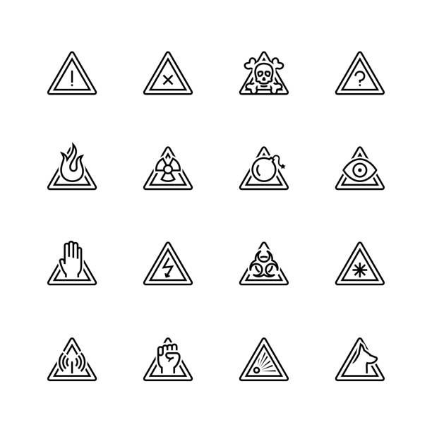 Warning signs vector icon set in thin line style Warning signs vector icon set in thin line style chemical weapons stock illustrations