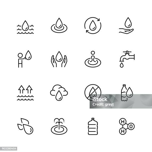 Jeu Deau Vecteur Connexes Icônes Dans Le Style De Ligne Mince Vecteurs libres de droits et plus d'images vectorielles de Icône