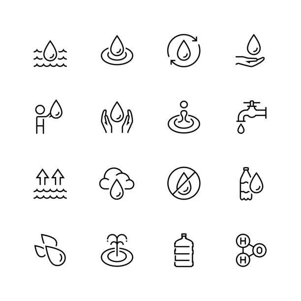 Water related vector icon set in thin line style Water related vector icon set in thin line style water icons stock illustrations
