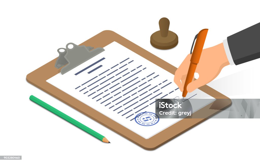 Ręcznie podpisywanie dokumentu na schowku wraz z ołówkiem i pieczęcią. Ilustracja wektora izometrycznego - Grafika wektorowa royalty-free (Pieczęć gumowa)