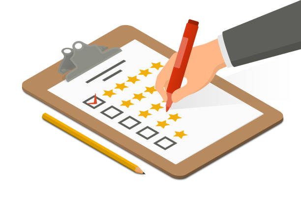 ilustrações de stock, clip art, desenhos animados e ícones de hand holding highlighter over rating blank on clipboard accompanied by pencil. isometric vector illustration - report card illustrations