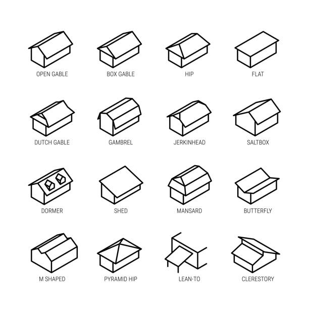 ilustrações de stock, clip art, desenhos animados e ícones de roof types vector icon set in thin line style - roof shape