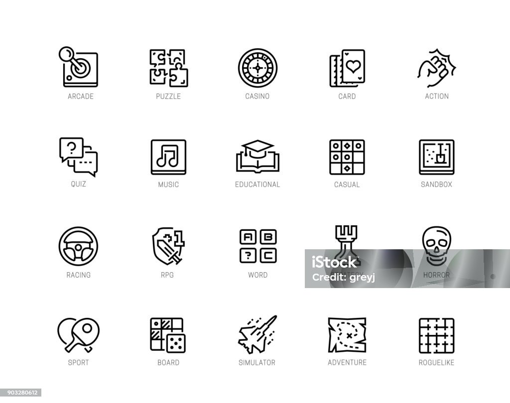 Video game genres vector icons set in editable line style Icon Symbol stock vector