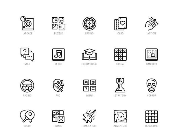 Video game genres vector icons set in editable line style Video game genres vector icons set in editable line style word game stock illustrations