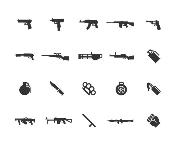 illustrazioni stock, clip art, cartoni animati e icone di tendenza di set di icone vettoriali armi moderne - armi