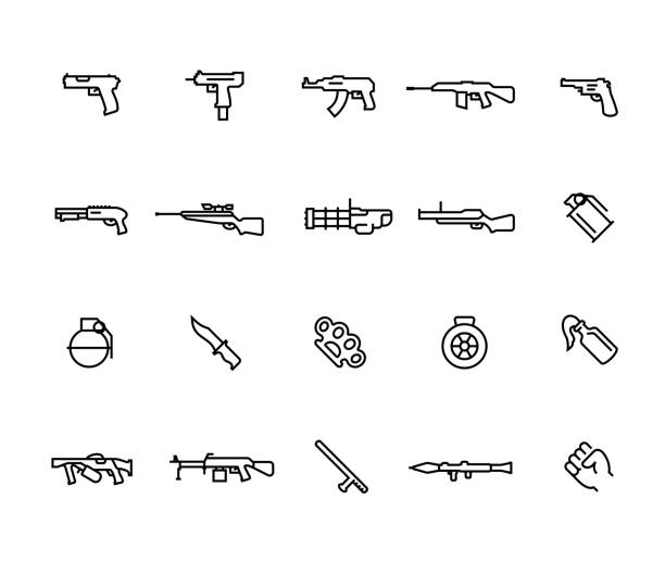 ilustrações de stock, clip art, desenhos animados e ícones de modern weapons vector icon set in thin line style with editable stroke - flamethrower