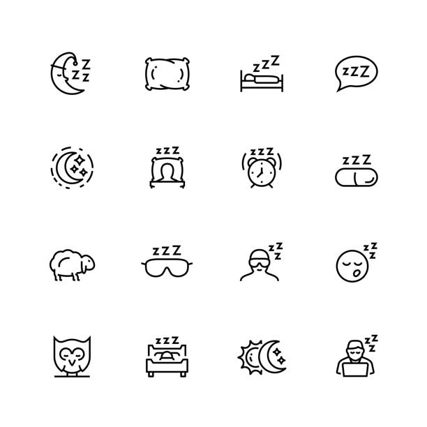 Sleep related vector icon set in thin line style with editable stroke Sleep related vector icon set in thin line style with editable stroke sleeping icons stock illustrations