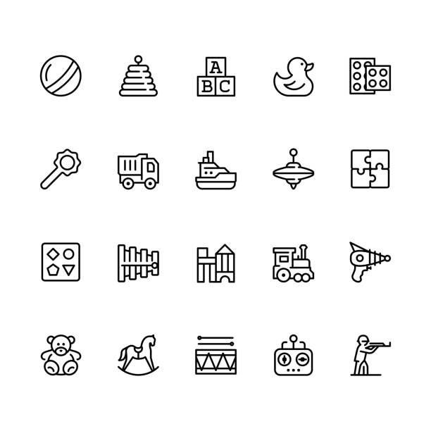 Toys icon set in outline style with editable stroke Toys icon set in outline style with editable stroke rattle drum stock illustrations