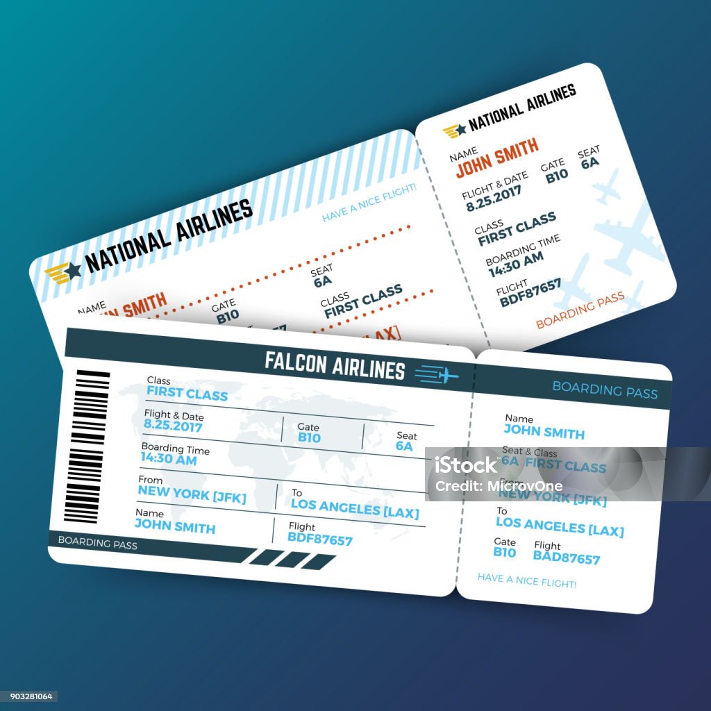Vector travelling concept with airline boarding pass tickets Vector travelling concept with airline boarding pass tickets. Ticket travel to airplane illustration Airplane Ticket stock vector