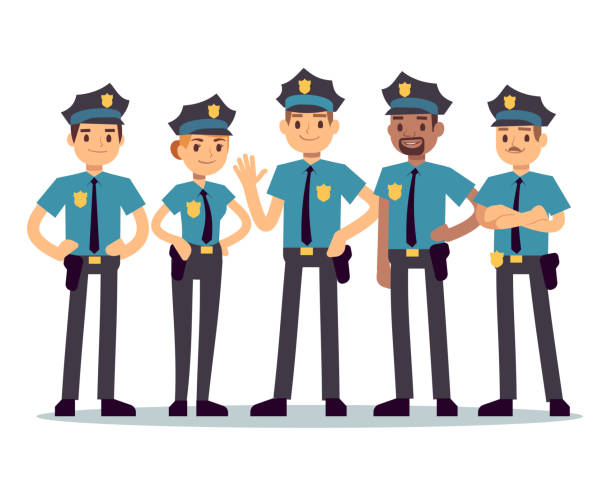 Group of police officers. Woman and man cops vector characters Group of police officers. Woman and man cops vector characters. Police cop and officer security in uniform illustration police force stock illustrations