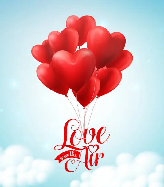Vector illustration of Valentines red heart balloons vector poster design with floating love text typography