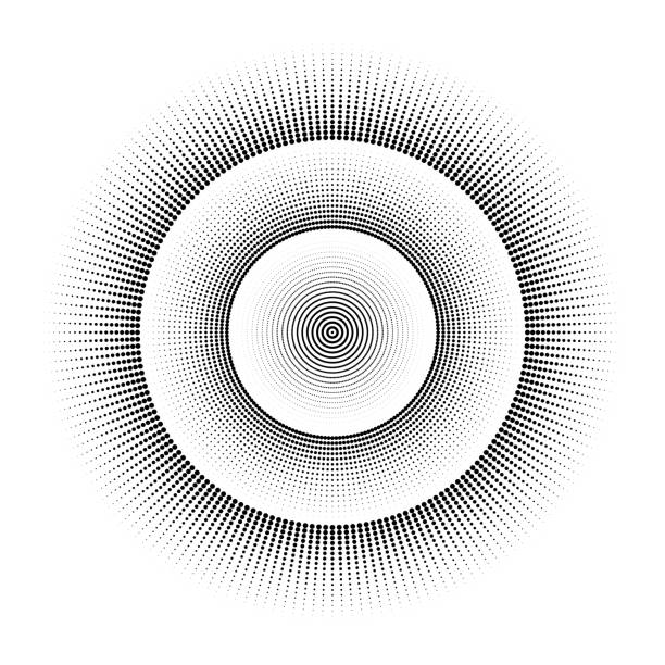 ilustraciones, imágenes clip art, dibujos animados e iconos de stock de patrón redondo blanco y negro radial de puntos. fondo abstracto de vector - fractal concentric light abstract