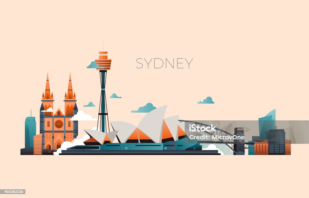 Australien Reisen Wahrzeichen Vektor Landschaft mit Sydney Opera und berühmte Gebäude - Lizenzfrei Sydney Vektorgrafik