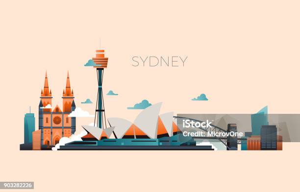 Australien Reisen Wahrzeichen Vektor Landschaft Mit Sydney Opera Und Berühmte Gebäude Stock Vektor Art und mehr Bilder von Sydney