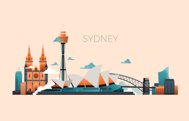ilustrações, clipart, desenhos animados e ícones de austrália viajar paisagem de vetor de marco com a ópera de sydney e edifícios famosos - australia