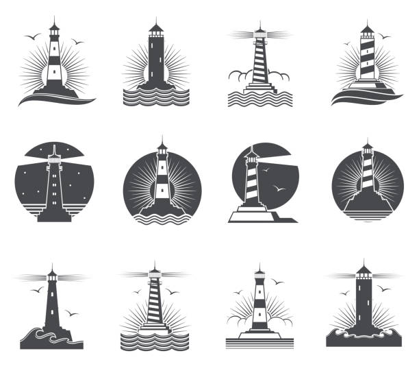 illustrations, cliparts, dessins animés et icônes de phare vector marine vintage des étiquettes. phares et océan vagues rétro nautique logos ensemble - sea sign direction beacon