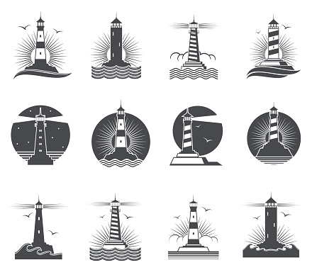 Lighthouse vector marine vintage labels. Lighthouses and ocean waves retro nautical logos set. Lighthouse and beacon building in sea illustration