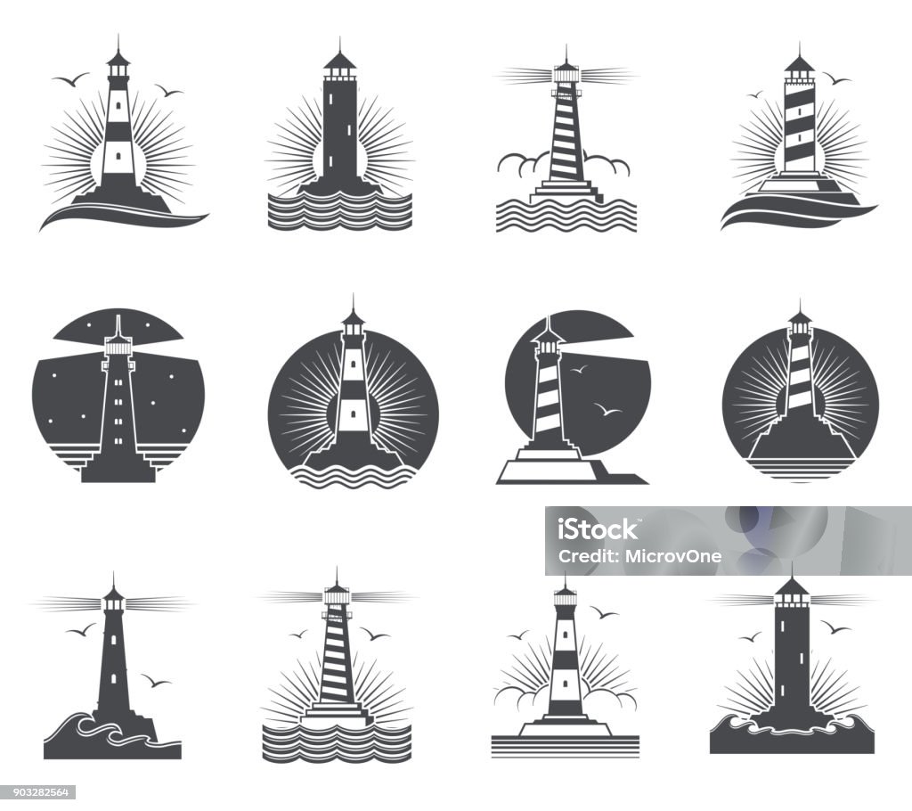 Lighthouse vector marine vintage labels. Lighthouses and ocean waves retro nautical logos set Lighthouse vector marine vintage labels. Lighthouses and ocean waves retro nautical logos set. Lighthouse and beacon building in sea illustration Lighthouse stock vector