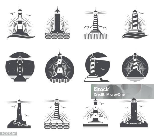 Lighthouse Vector Marine Vintage Labels Lighthouses And Ocean Waves Retro Nautical Logos Set Stock Illustration - Download Image Now
