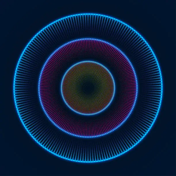 Vector illustration of Colorful glowing concentric circles of dots. Abstract vector background