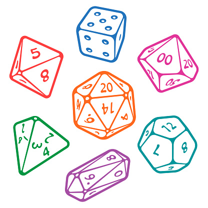 Vector icon set of dice for fantasy dnd and rpg tabletop games. Board game polyhedral dices with 