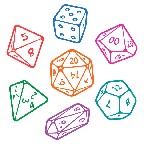 Vector set of board game dices Vector icon set of dice for fantasy dnd and rpg tabletop games. Board game polyhedral dices with  polyhedron stock illustrations