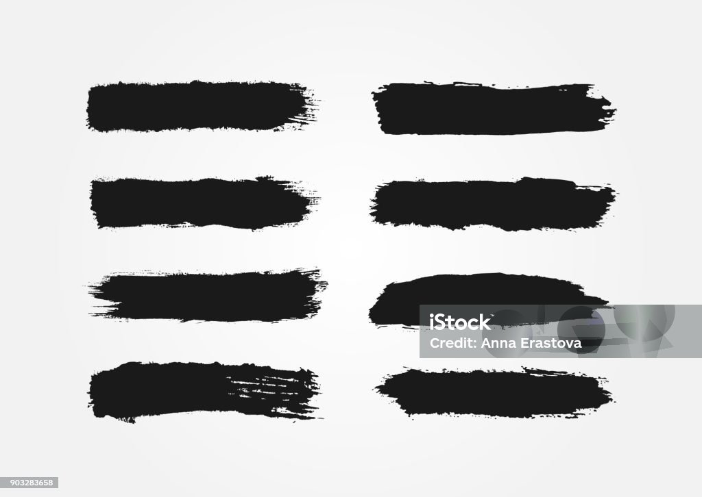 Ensemble de traits d’encre. Huit des frottis noirs isolés. Grunge. - clipart vectoriel de Coup de pinceau libre de droits