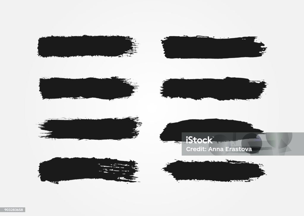 Set of ink strokes. Eight isolated black smears. Grunge. Set of ink strokes. Eight isolated black smears. Grunge. Lines drawn by hand with brushes. Vector illustration. Brush Stroke stock vector