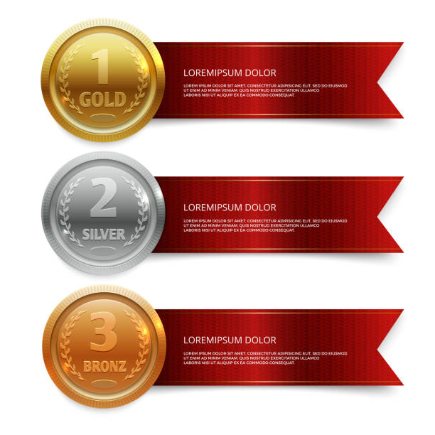 gold-, silber- und bronze-medaille mit rotem band banner-weltmeister - gold medal medal gold medallion stock-grafiken, -clipart, -cartoons und -symbole