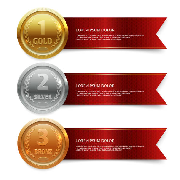 illustrazioni stock, clip art, cartoni animati e icone di tendenza di medails campione d'oro, argento e bronzo con striscioni a nastro rosso - gold circle medallion insignia