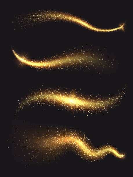 Sparkle stardust. Golden glittering magic vector waves with gold particles collection Sparkle stardust. Golden glittering magic vector waves with gold particles collection. Golden sparkle glitter, illustration of shiny stardust trail rounded star shape stock illustrations