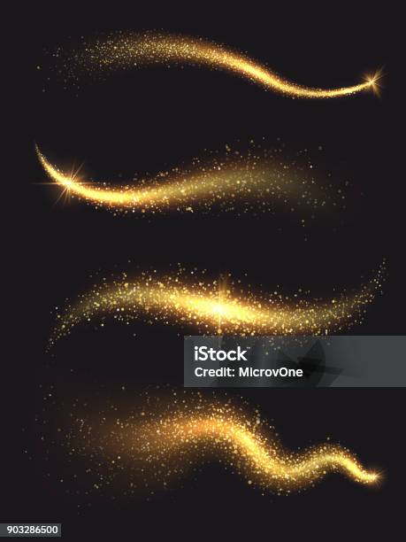 Sparkle Stardust Golden Glittering Magic Vector Waves With Gold Particles Collection Stock Illustration - Download Image Now