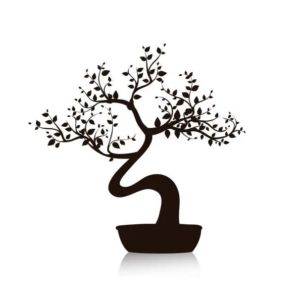 Vector illustration of Vector black bonsai tree in a pot. Isolated illustration on white