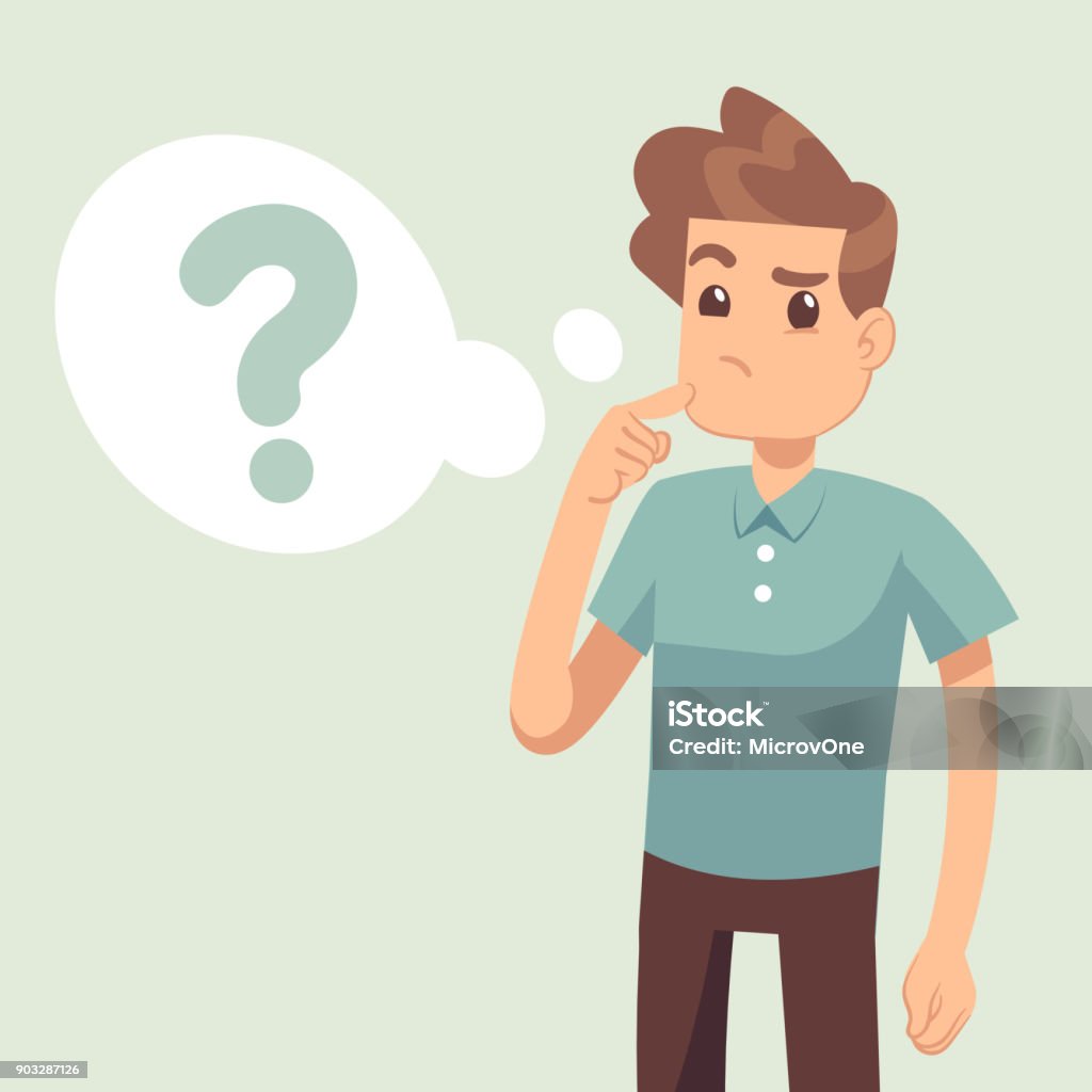 Cartoon thinking man with question mark in think bubble vector illustration Cartoon thinking man with question mark in think bubble vector illustration. Man and question in bubble think Confusion stock vector