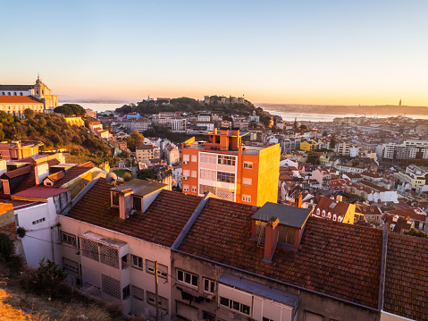 Lisbon, Portugal - November 19, 2017: The cityscape of Lisbon, Portugal, by night, shortly after sunset on a November day.