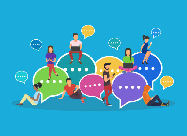 Speech bubbles for comment Speech bubbles for comment and reply concept flat vector illustration of young people using mobile smartphone and tablets for texting and communicating on networks. Guys and women sitting on bubbles social media followers illustrations stock illustrations