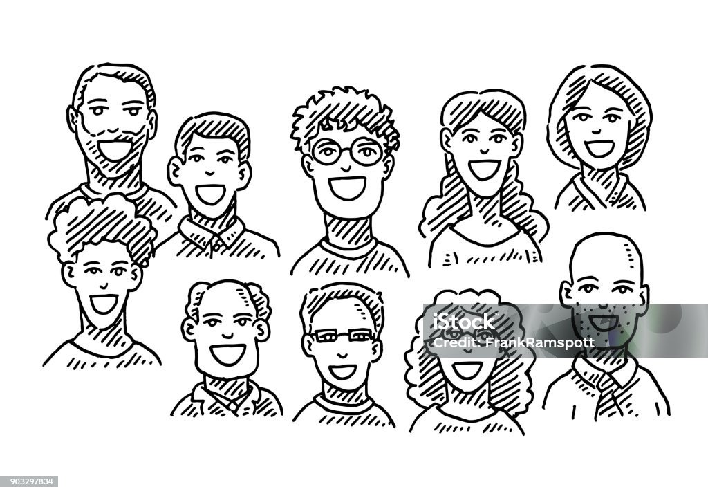 Set Of Happy People Portraits Drawing Hand-drawn vector drawing of a Set Of Happy People Portraits. Black-and-White sketch on a transparent background (.eps-file). Included files are EPS (v10) and Hi-Res JPG. Happiness stock vector