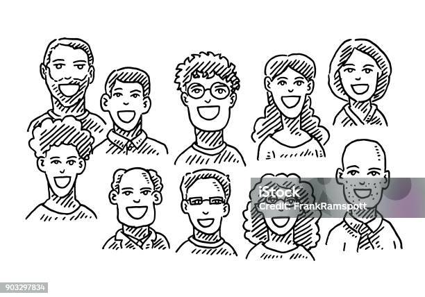 Set Of Happy People Portraits Drawing Stock Illustration - Download Image Now - Happiness, Line Art, Men