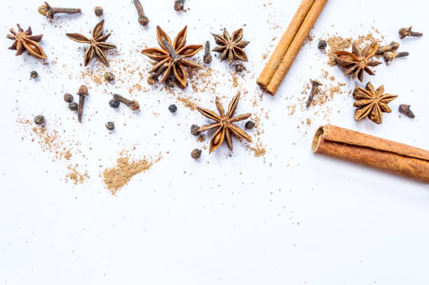 Cinnamon, cloves and star anise with isolated on white background. stock photo