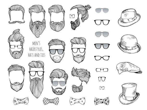 Ensemble de hipster. Barbes, lunettes, cravates et chapeaux. - Illustration vectorielle