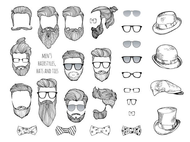 хипстерский набор. бороды, очки, галстуки-бабочки и шляпы. - очки иллюстрации stock illustrations