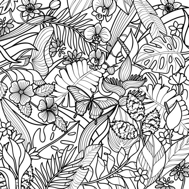 열 대 개요 패턴 - summer backgrounds line art butterfly stock illustrations