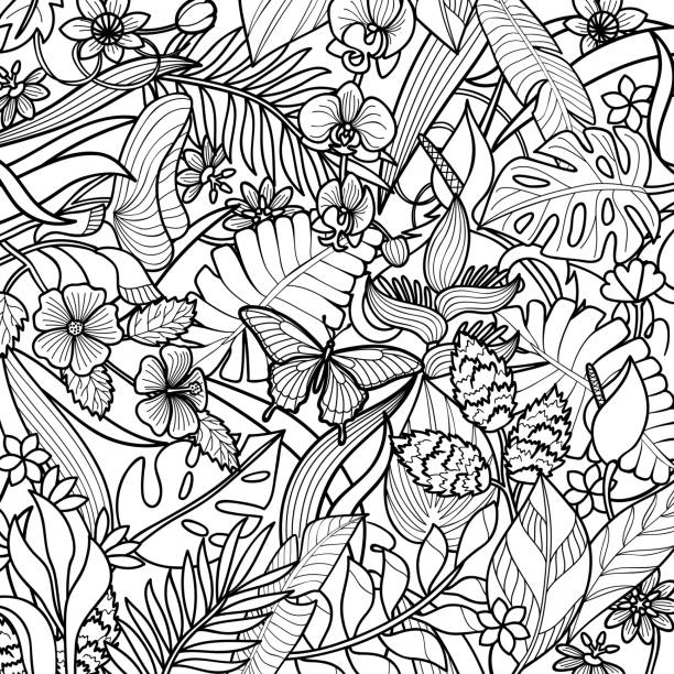 ilustrações de stock, clip art, desenhos animados e ícones de tropical outline pattern - summer backgrounds line art butterfly