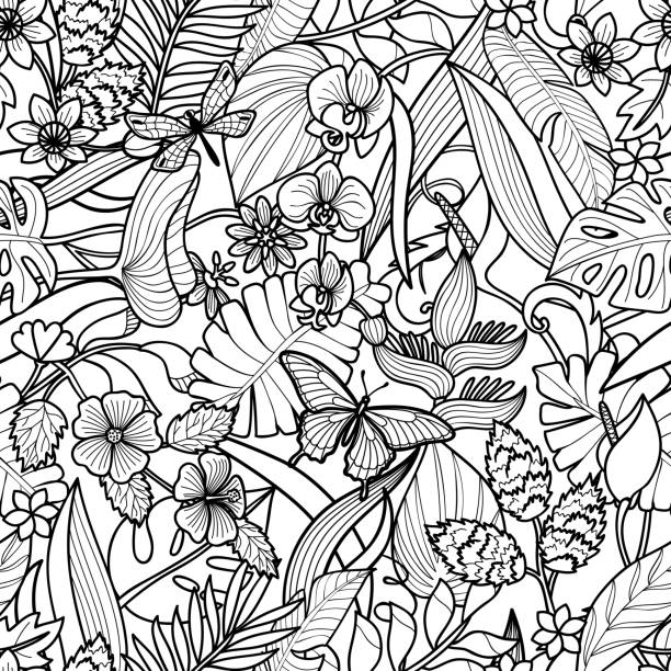 ilustrações de stock, clip art, desenhos animados e ícones de tropical seamless pattern - summer backgrounds line art butterfly