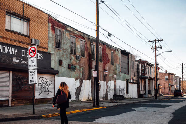 Abandoned areas in the city of Baltimore, many houses are vacant, damaged and become ruins.