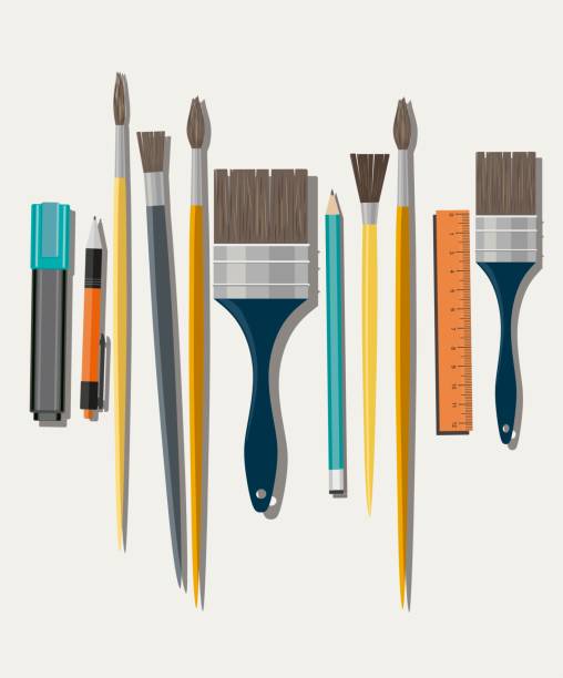 ilustrações, clipart, desenhos animados e ícones de conjunto de escova de pintura sobre fundo branco - art and craft equipment paintbrush art group of objects